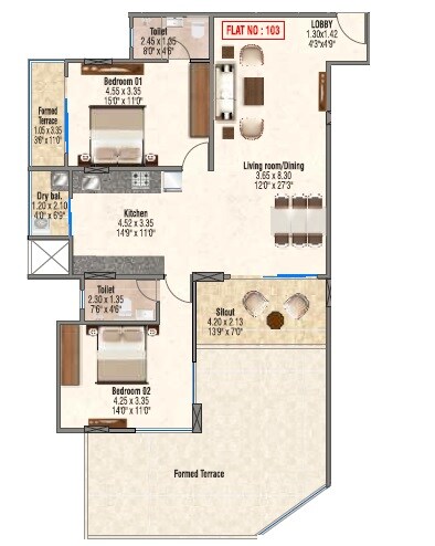 Floor plan of 2 BHK 859 Sq. Ft. Apartment in Venkatesh The Pleasant CHS, Pune