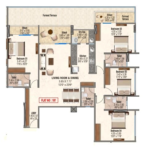 Floor plan of 4 BHK 1948 Sq. Ft. Apartment in Venkatesh The Pleasant CHS, Pune
