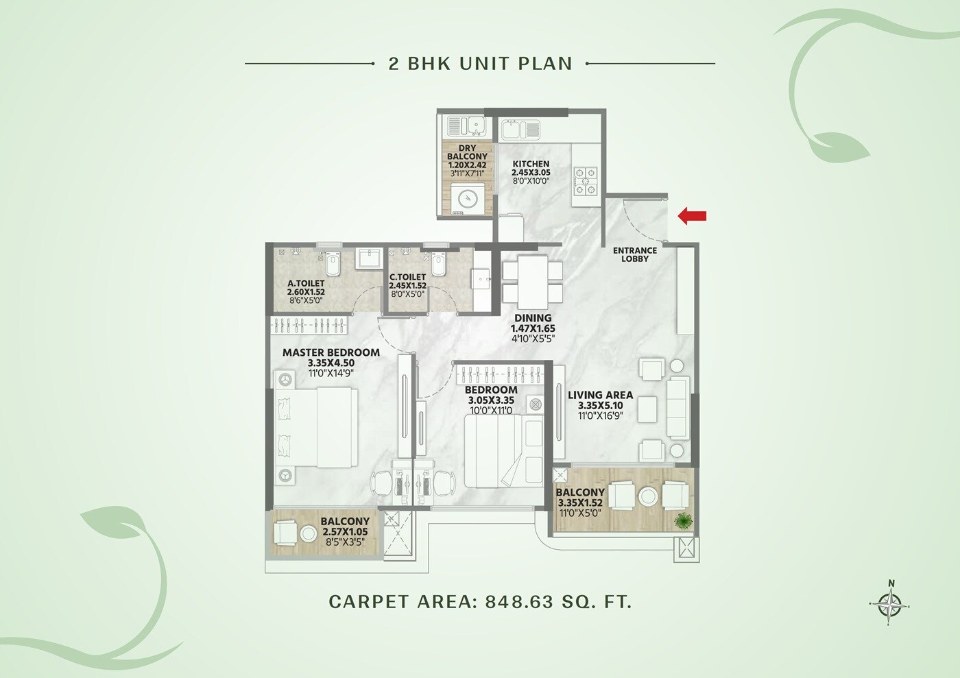 2 BHK 848 Sq. Ft. Apartment