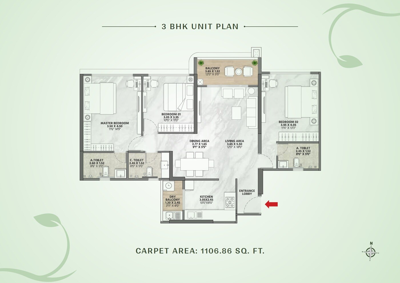 3 BHK 1106 Sq. Ft. Apartment