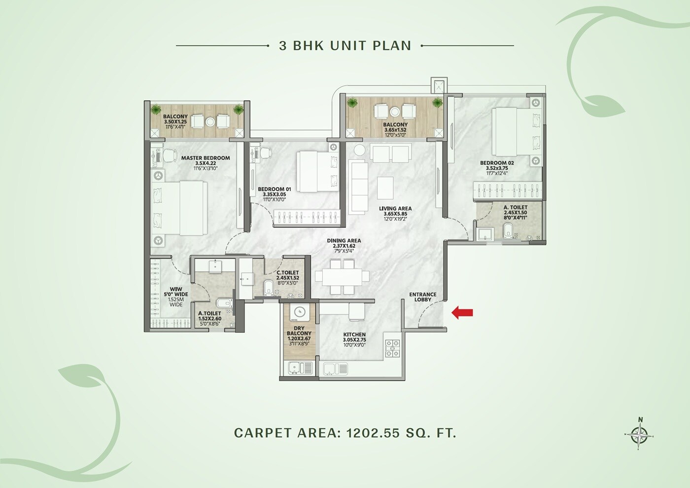 3 BHK 1202 Sq. Ft. Apartment