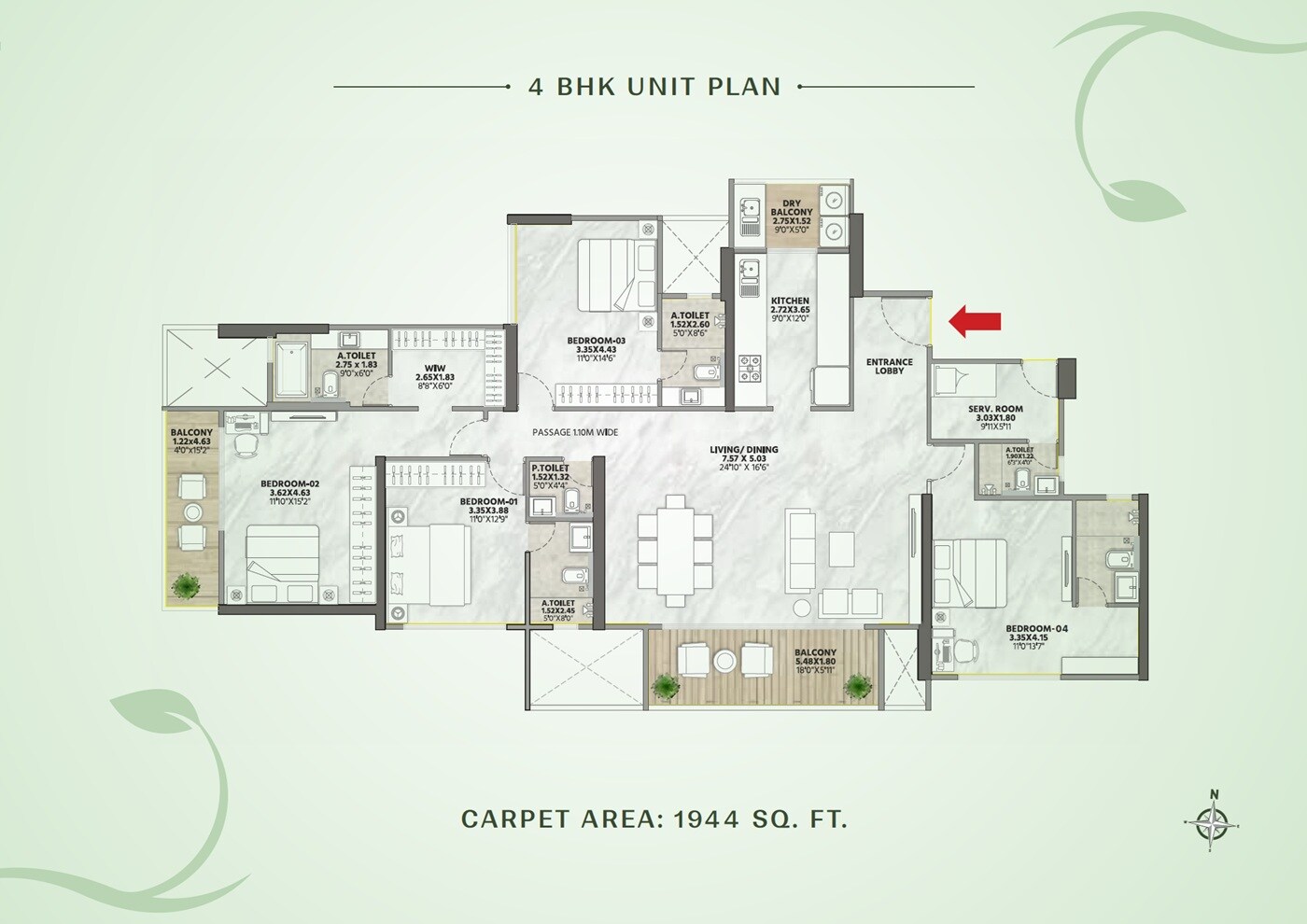 Floor plan of 4 BHK 1944 Sq. Ft. Apartment in Venkatesh Vanaya, Pune