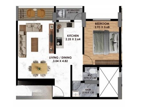 Floor plan of 1 BHK 505 Sq. Ft. Apartment in Venkateshwara Emerald Green, Pune