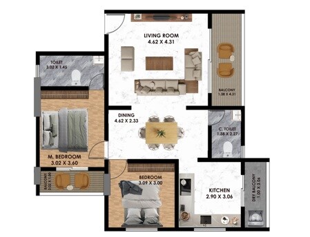 Floor plan of 2 BHK 913 Sq. Ft. Apartment in Venkateshwara Emerald Green, Pune