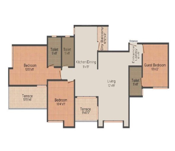 Floor plan of 3 BHK 787 Sq. Ft. Apartment in Venkateshwara Silver Moon, Pune