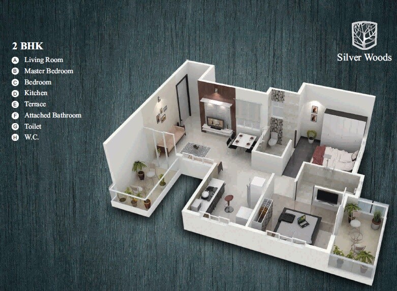 Floor plan of 2 BHK Apartment - 705 sq. ft. in Venkateshwara Silver Woods, Pune