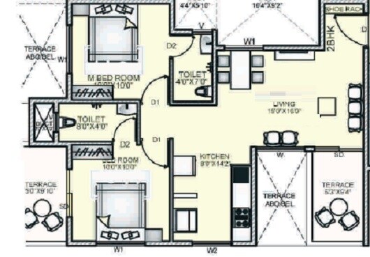 Floor plan of 2 BHK Apartment - 707 sq. ft. in Venkateshwara Silver Woods, Pune