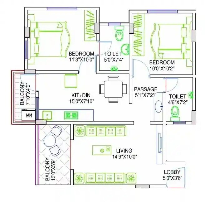Floor plan of 2 BHK 735 Sq. Ft. Apartment in Venus Enclave Pune, Pune