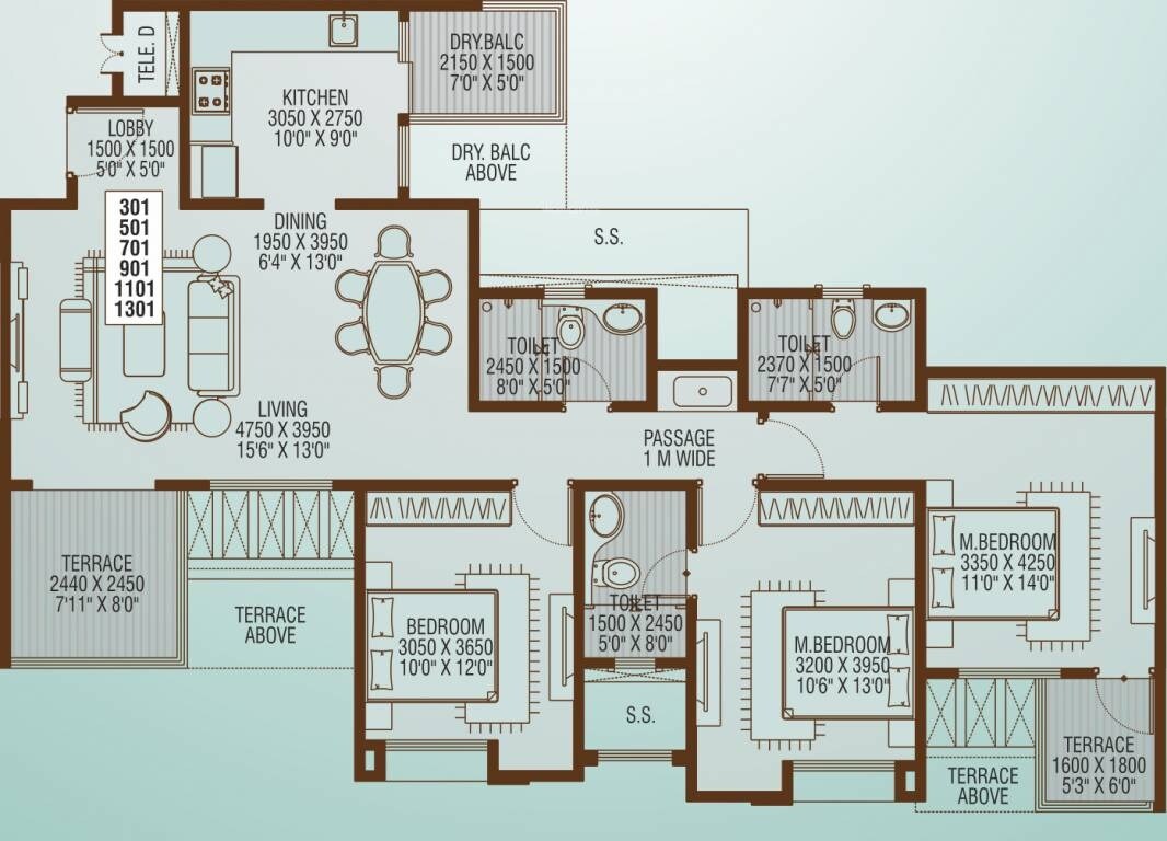 Floor plan of 3 BHK Apartment - 929 sq. ft. in Vertical Alcinia, Pune