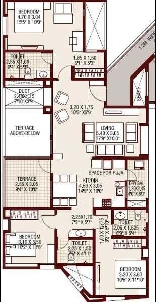 Floor plan of 3 BHK 911 Sq. Ft. Apartment in Vertical Oriana, Pune