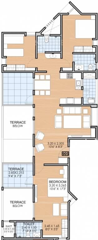 Floor plan of 3 BHK 982 Sq. Ft. Apartment in Vertical Oriana, Pune