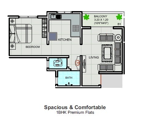 Floor plan of 1 BHK 431 Sq. Ft. Apartment in Victory Rajlaxmi Residency, Pune