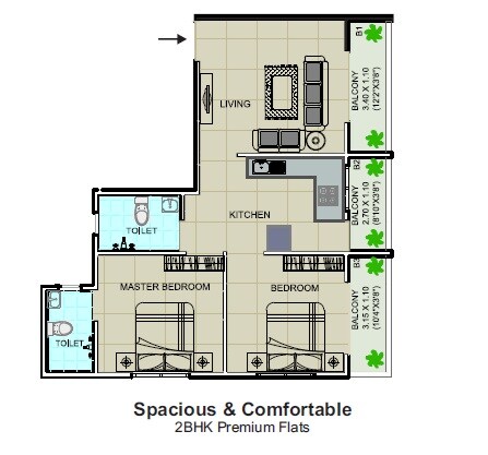 Floor plan of 2 BHK 585 Sq. Ft. Apartment in Victory Rajlaxmi Residency, Pune