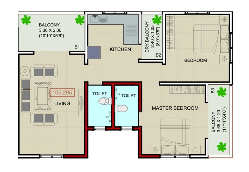 Floor plan of 2 BHK 746 Sq. Ft. Apartment in Victory Rajlaxmi Residency, Pune