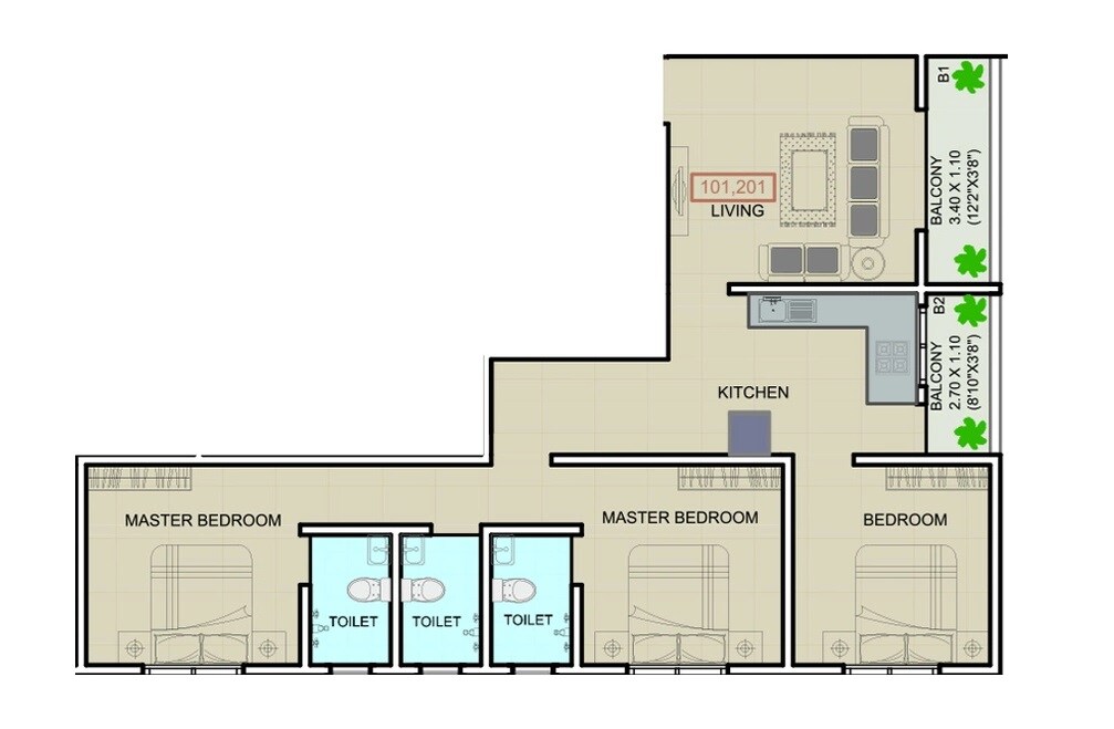 Floor plan of 3 BHK 793 Sq. Ft. Apartment in Victory Rajlaxmi Residency, Pune