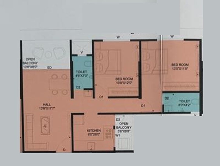 Floor plan of 2 BHK 800 Sq. Ft. Apartment in Vidyashree Serene Misty, Pune