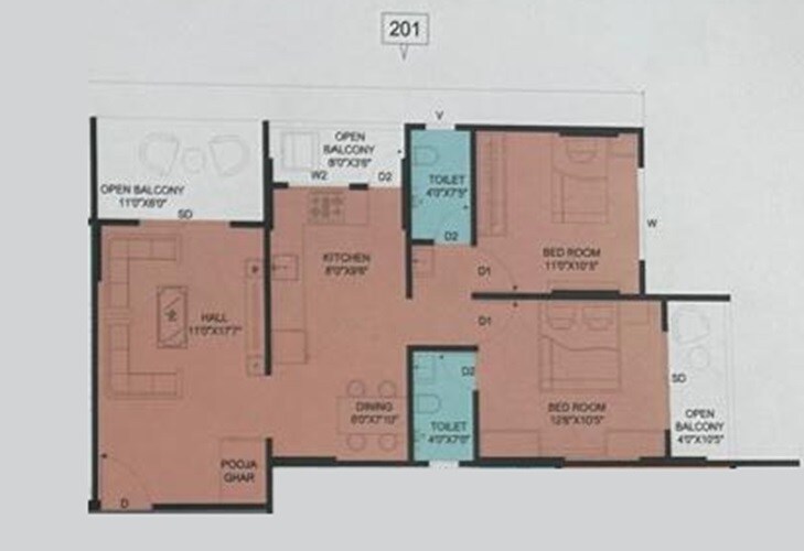 Floor plan of 2 BHK 870 Sq. Ft. Apartment in Vidyashree Serene Misty, Pune