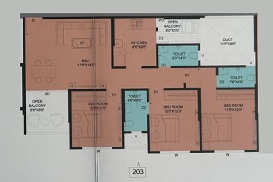 Floor plan of 3 BHK 1024 Sq. Ft. Apartment in Vidyashree Serene Misty, Pune