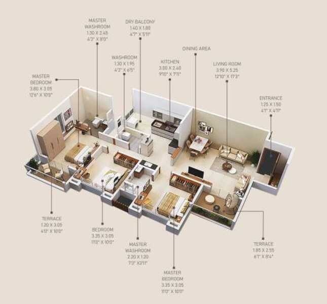 Floor plan of 3 BHK 991 Sq. Ft. Apartment in Vighnaharta Life Canvas, Pune
