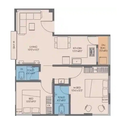 Floor plan of 2 BHK 618 Sq. Ft. Apartment in Vighnaharta Pratibha Heights, Pune