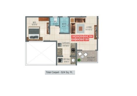 Floor plan of 2 BHK 524 Sq. Ft. Apartment in Vighnaharta Venu Towers, Pune