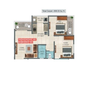 Floor plan of 2 BHK 699 Sq. Ft. Apartment in Vighnaharta Venu Towers, Pune