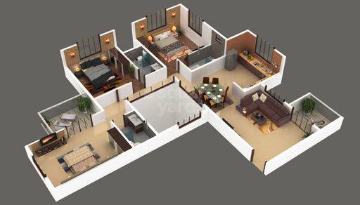 Floor plan of 3 BHK 1016 Sq. Ft. Apartment in Viijcon Cellandine, Pune