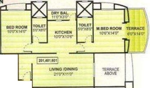 Floor plan of 2 BHK 1070 Sq. Ft. Apartment in Vijaydeep Deccan Gold, Pune