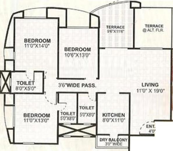 Floor plan of 3 BHK 1470 Sq. Ft. Apartment in Vijaydeep Deccan Gold, Pune
