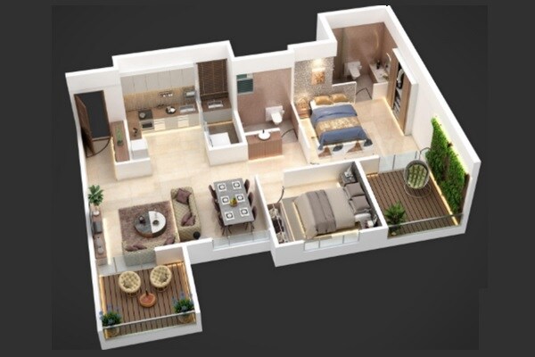 Floor plan of 2 BHK 605 Sq. Ft. Apartment in Vijayraj The Miracle, Pune