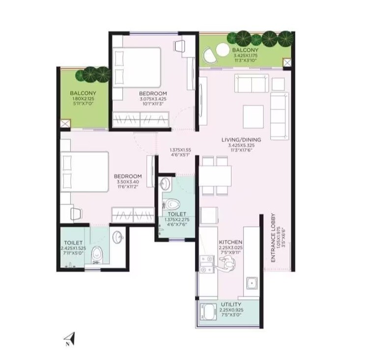 Floor plan of 2 BHK 779 Sq. Ft. Apartment in Vikram Midori Towers, Pune