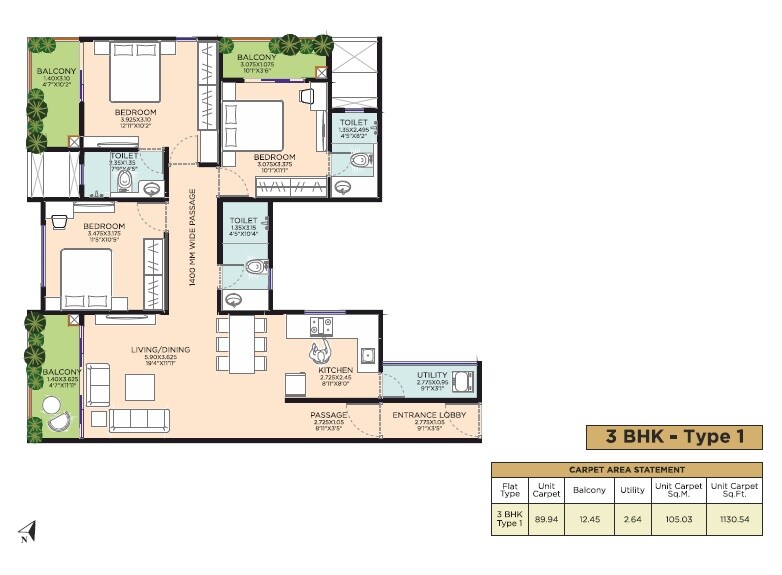 Floor plan of 3 BHK 1130 Sq. Ft. Apartment in Vikram Midori Towers, Pune