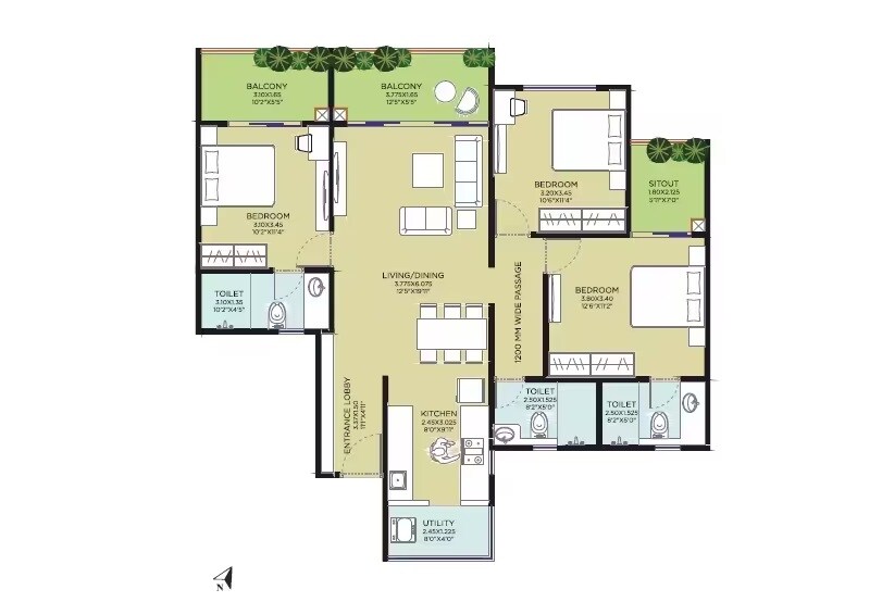 Floor plan of 3 BHK 1154 Sq. Ft. Apartment in Vikram Midori Towers, Pune