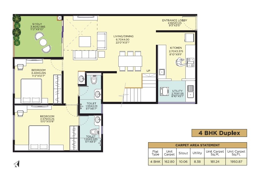 Floor plan of 4 BHK 2014 Sq. Ft. Apartment in Vikram Midori Towers, Pune