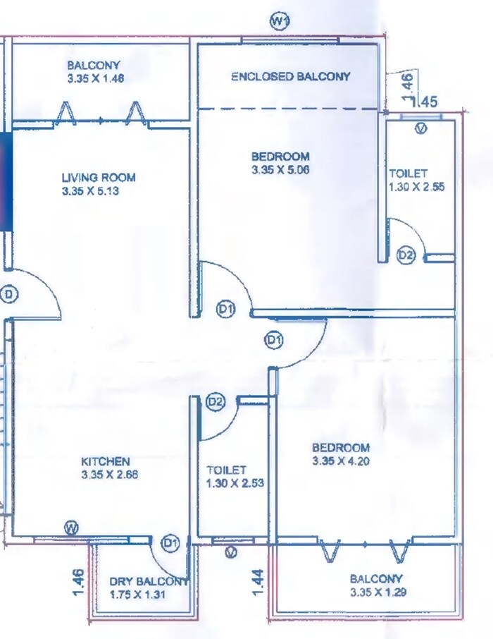 Floor plan of 2 BHK 899 Sq. Ft. Apartment in Vikram Residency, Pune