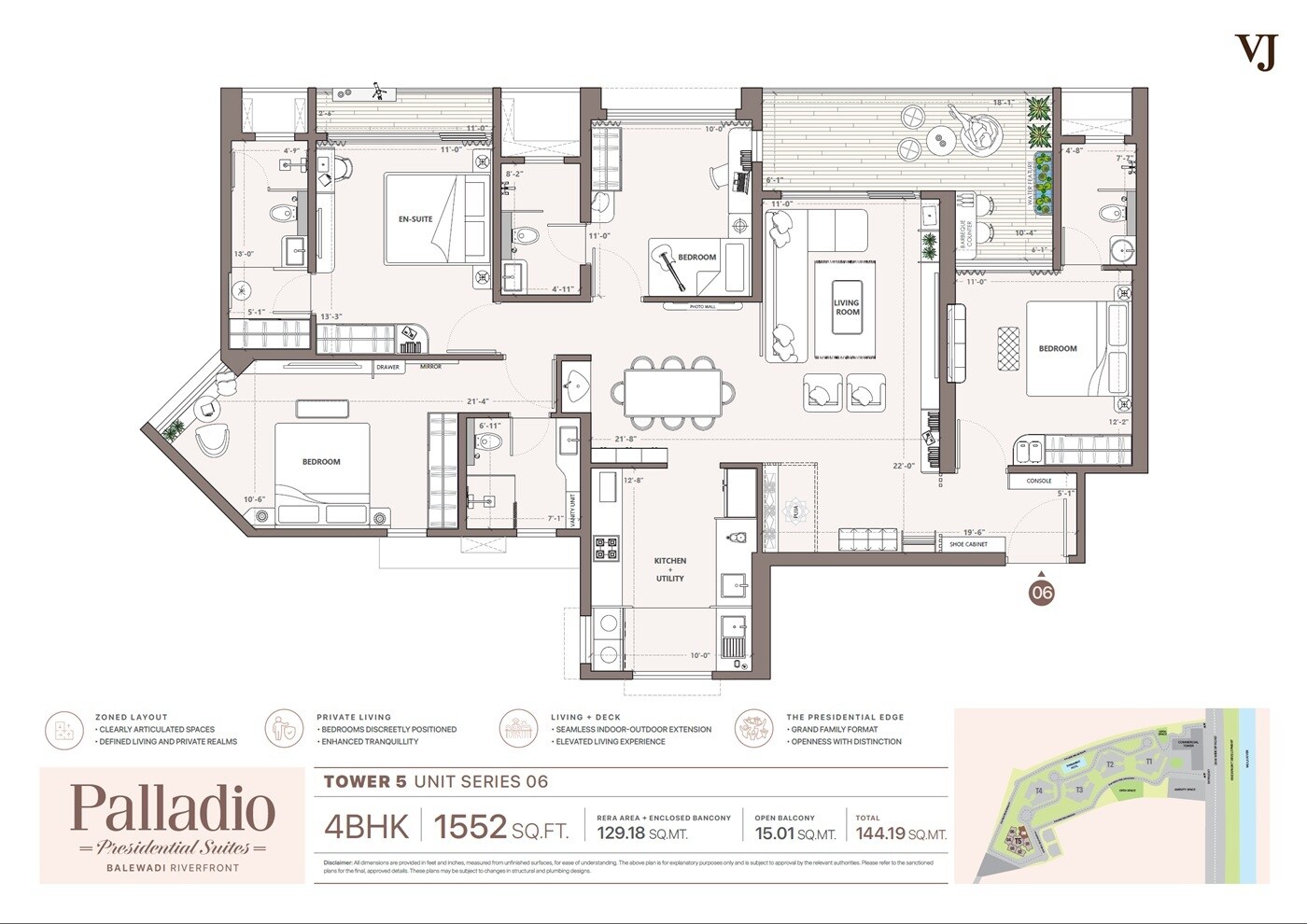 Floor plan of 4 BHK 1552 Sq. Ft. Apartment in Vilas Javdekar Palladio Balewadi RiverFront, Pune