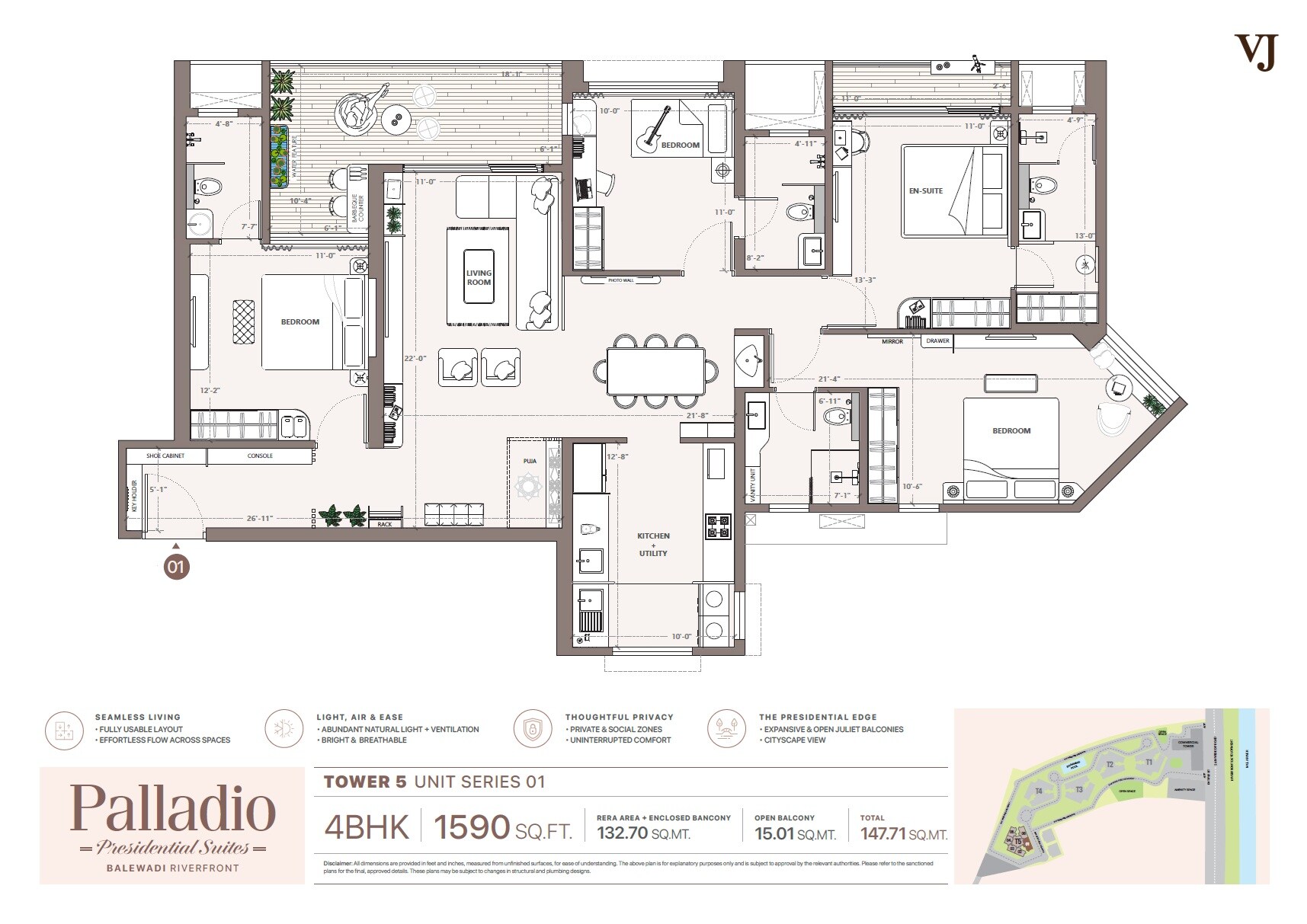 Floor plan of 4 BHK 1590 Sq. Ft. Apartment in Vilas Javdekar Palladio Balewadi RiverFront, Pune
