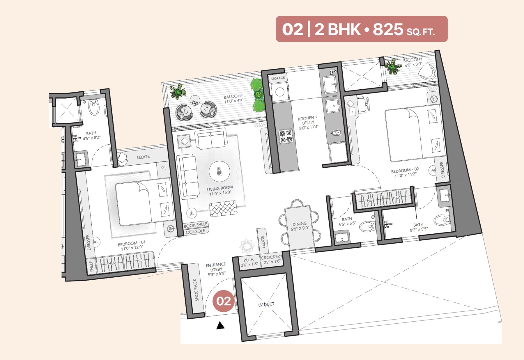 2 BHK 825 Sq. Ft. Apartment