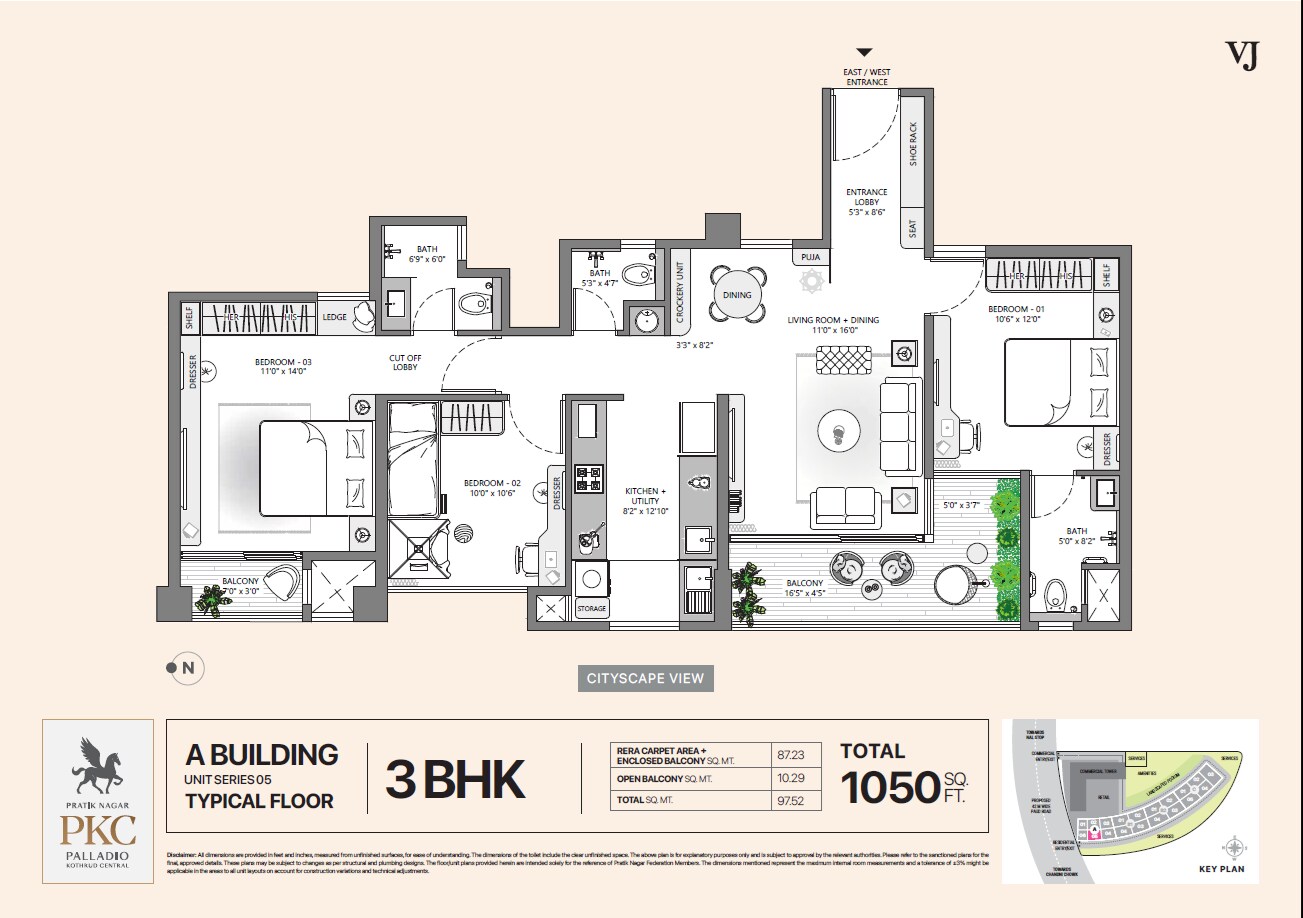 Floor plan of 3 BHK 1050 Sq. Ft. Apartment in Vilas Javdekar Palladio Kothrud Central, Pune