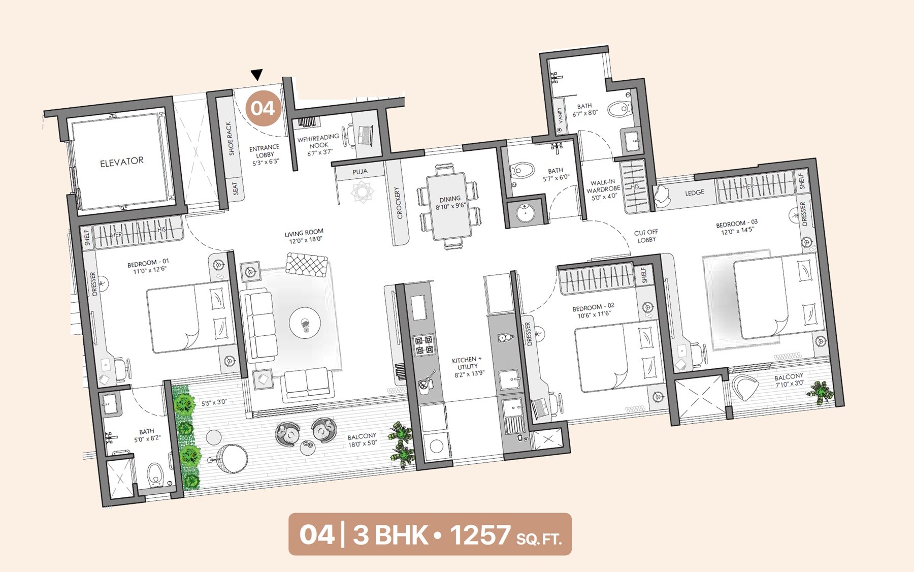 Floor plan of 3 BHK 1257 Sq. Ft. Apartment in Vilas Javdekar Palladio Kothrud Central, Pune