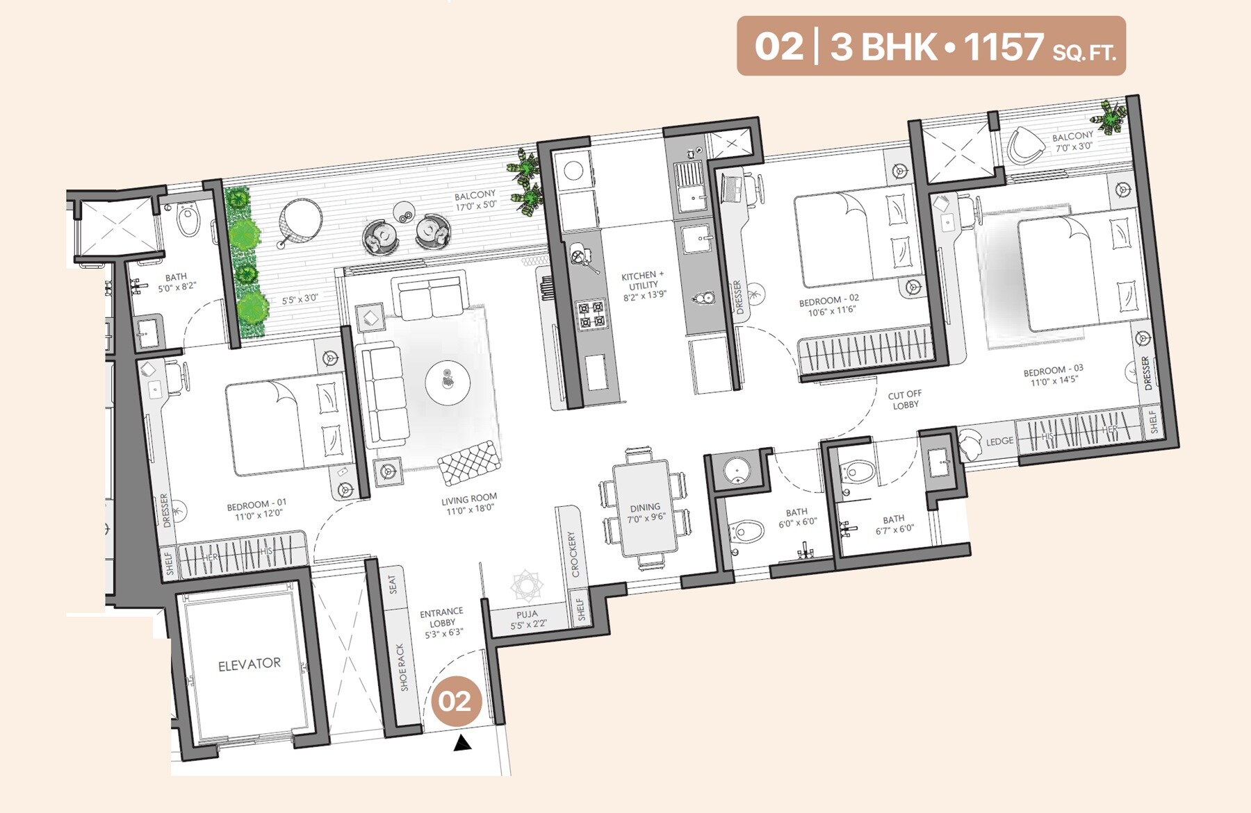 3 BHK 1157 Sq. Ft. Apartment