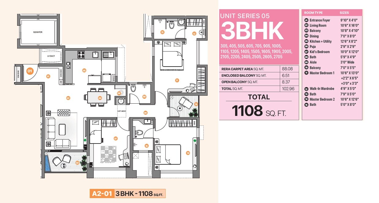 Floor plan of 3 BHK 1108 Sq. Ft. Apartment in Vilas Javdekar Palladio La Viento, Pune