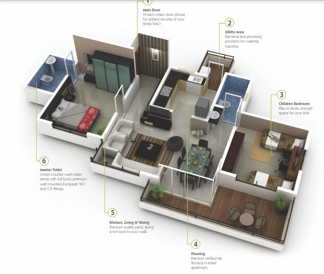 Floor plan of 2 BHK 702 Sq. Ft. Apartment in Vilas Javdekar Palladio Phase 2, Pune