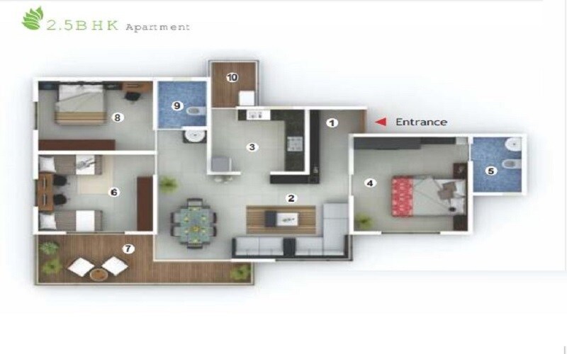 Floor plan of 3 BHK 840 Sq. Ft. Apartment in Vilas Javdekar Palladio Phase 2, Pune