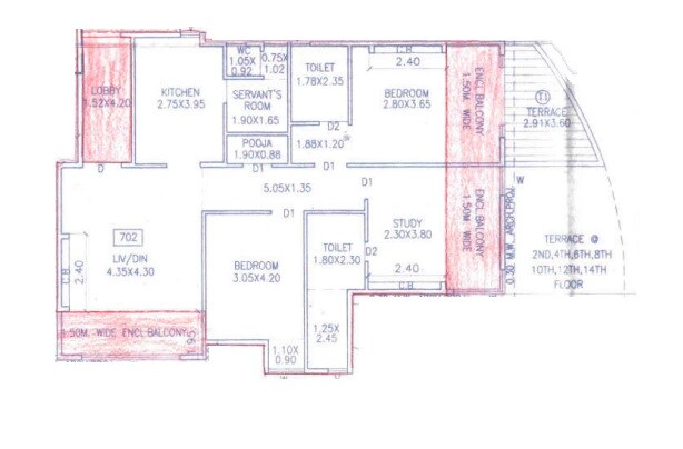 Floor plan of 3 BHK 1357 Sq. Ft. Apartment in Vilas Javdekar Portia, Pune
