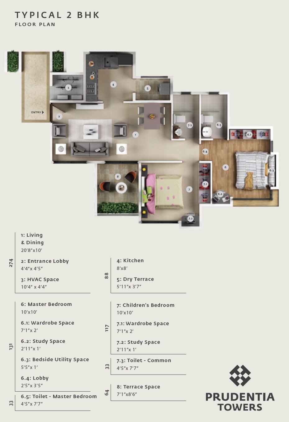 Floor plan of 2 BHK 630 Sq. Ft. Apartment in Vilas Javdekar Prudentia Towers, Pune