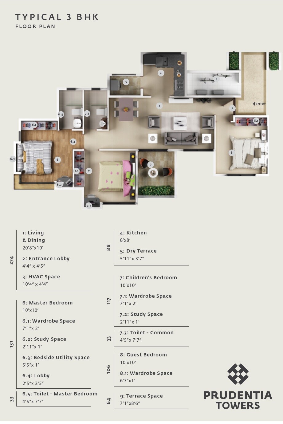 Floor plan of 3 BHK 759 Sq. Ft. Apartment in Vilas Javdekar Prudentia Towers, Pune