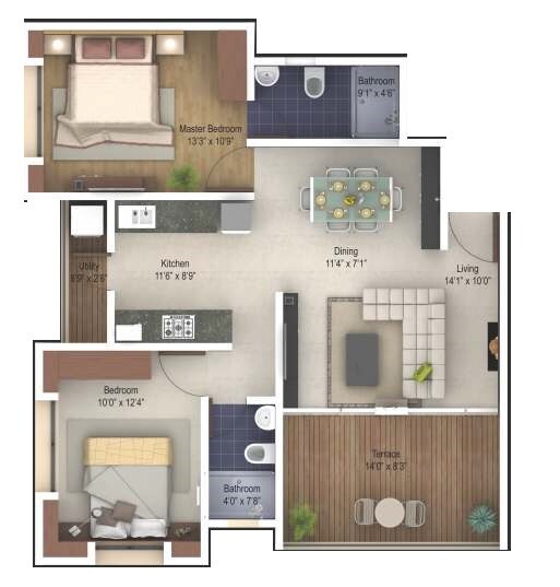 Floor plan of 2 BHK 1101 Sq. Ft. Apartment in Vilas Javdekar Shivalaya Apartment, Pune