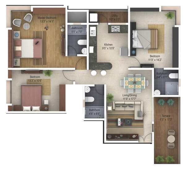 Floor plan of 3 BHK 1496 Sq. Ft. Apartment in Vilas Javdekar Shivalaya Apartment, Pune