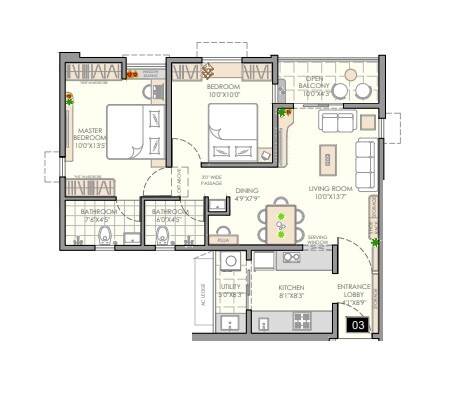 Floor plan of 2 BHK 676 Sq. Ft. Apartment in Vilas Javdekar Yashone Hinjawadi Phase 1, Pune